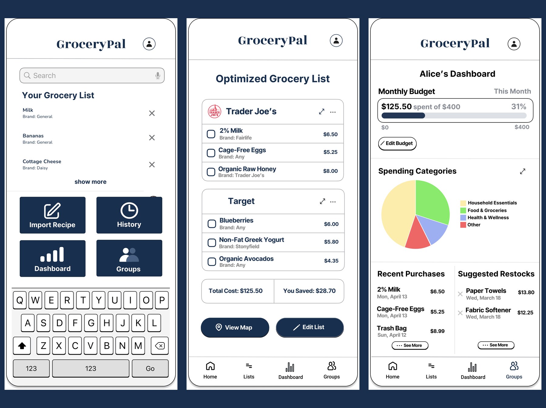 GroceryPal — three hi-fi mockup screens shown side-by-side over a navy backdrop