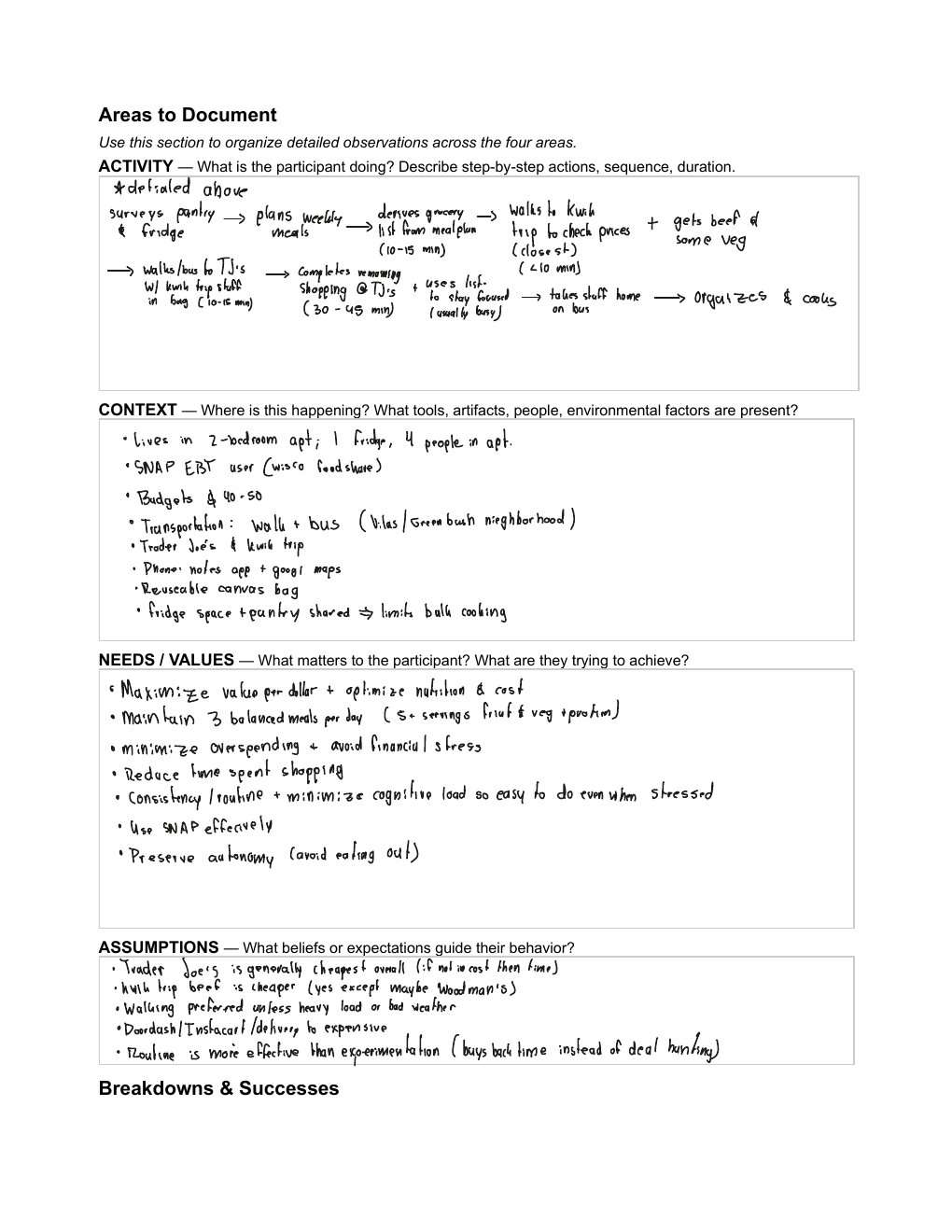 Field research fieldnote page from contextual inquiry sessions