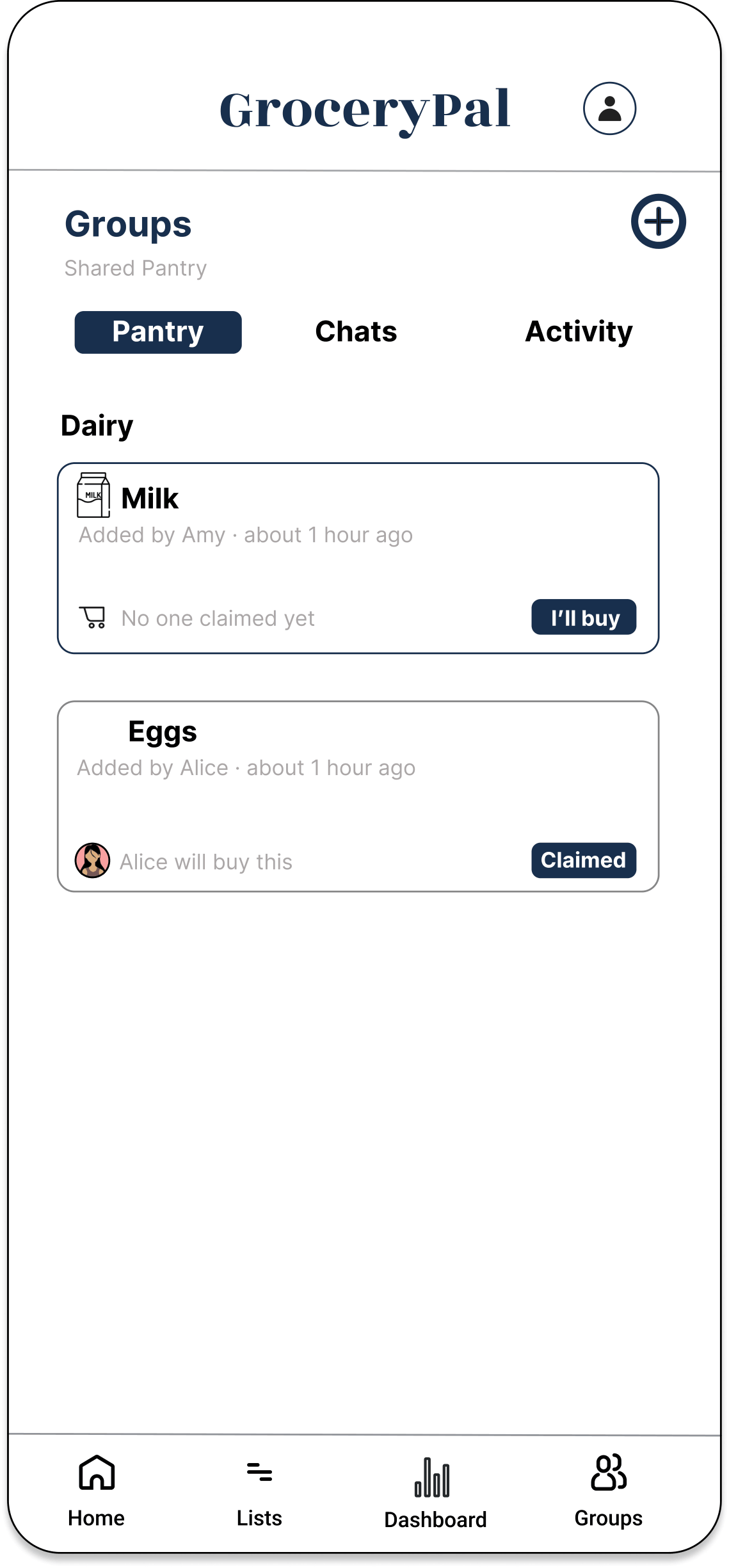 Shared pantry view in the Groups tab