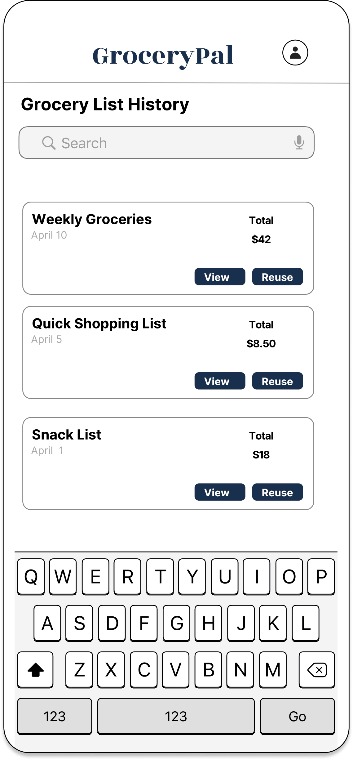 Grocery list history screen